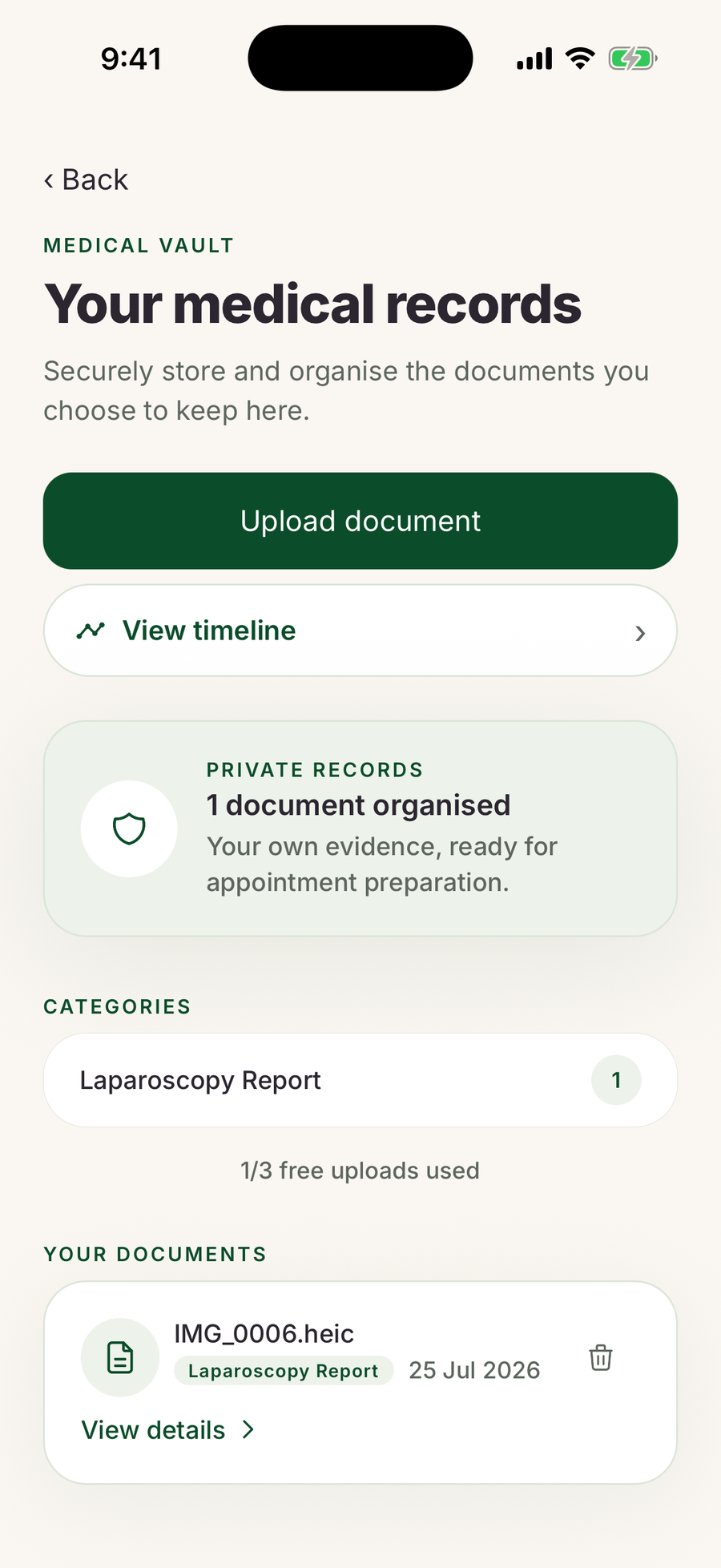 EndoAI Medical Vault screen showing a private timeline of scans, letters and prescriptions